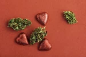 Cannabis-infused chocolate hearts wrapped in foil for Valentine's Day
